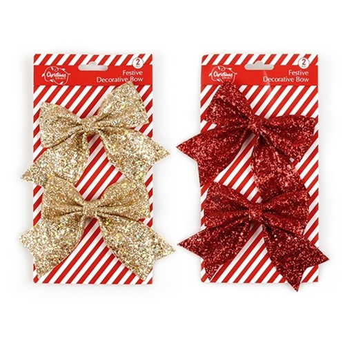 Bow Xmas Glitter 2pk 2 Asstd 12x12cm