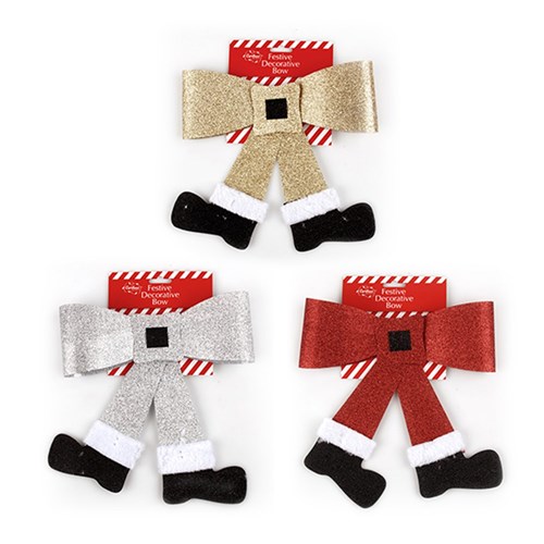 Bow Xmas Glitter With Legs 3 Asstd 25x28cm