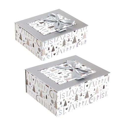 Gift Box Xmas Set 2 Rect w Silver Foil and Bow