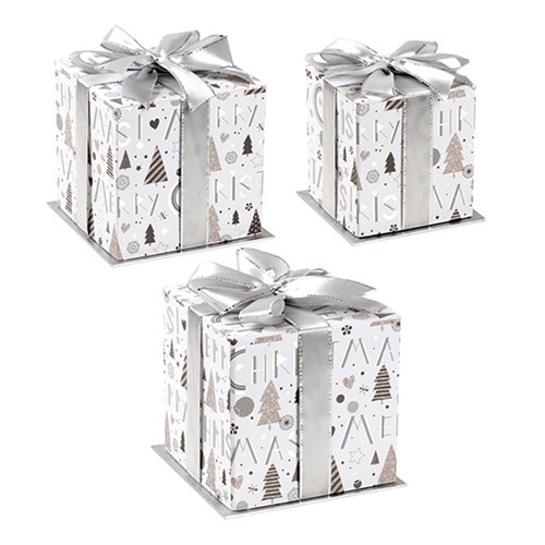 Gift Box Xmas Set 3 Square w Silver Foil and Bow