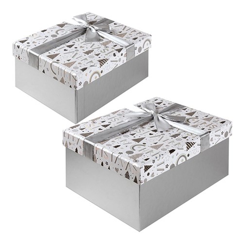 Gift Box Xmas Set 2 Rect w Silver Foil and Bow