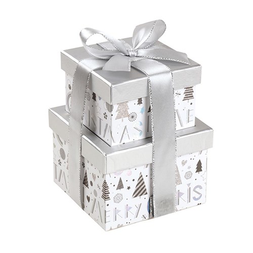 Gift Box Xmas Set 2 Square w Silver Foil and Bow