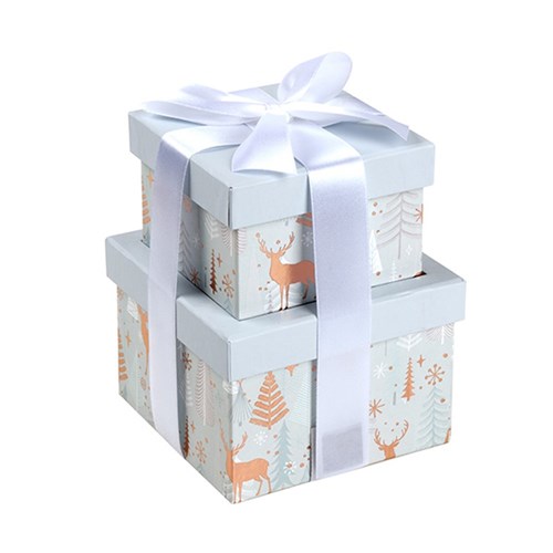 Gift Box Xmas Set 2 Square Rose Gold Foil and Bow