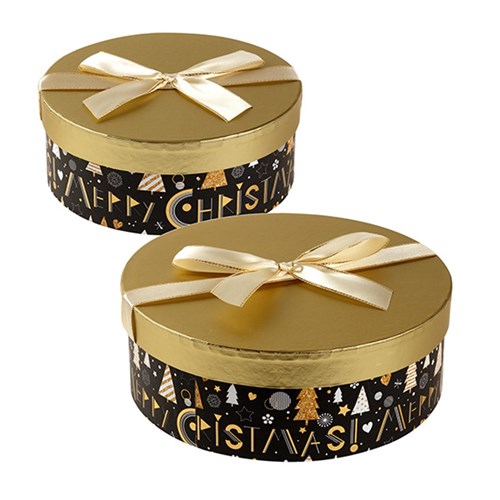 Gift Box Xmas Set 2 Round w Gold Foil and Bow