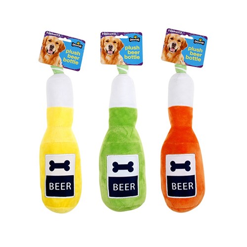 Dog Toy Plush Beer Bottle 33cm Squeaky 3 Asstd