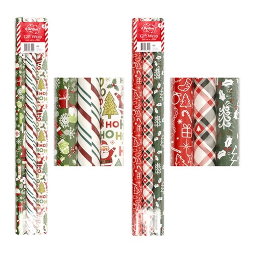 Wrap Paper Xmas 1Mx70cm 3pk 32mm Core 48gsm PDQ Asstd