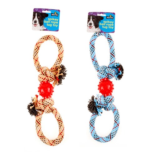 Dog Toy Rope Double Loop w TPR Spiky Ball 35cm 2 Asst