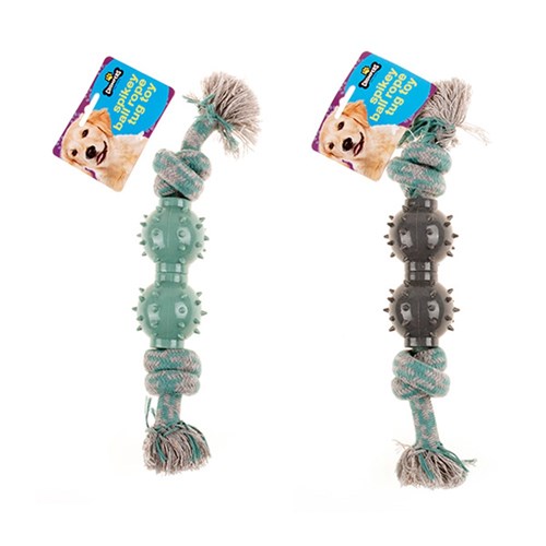 Dog Toy Rope Double Tug w TPR 2 Spiky Ball 28cm 2 Asst