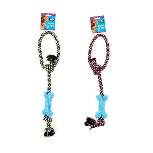 Dog Toy Rope Tug w TPR Bone 54cm 3 Asstd Colours
