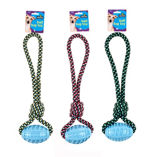 Dog Toy Rope Tug w TPR Oval Ball 42cm 3 Asstd Colours