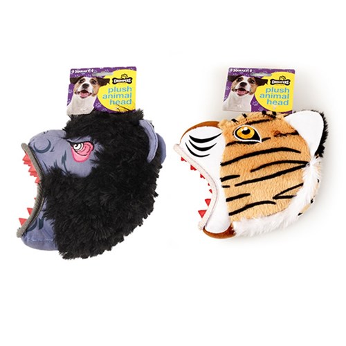 Dog Toy Animal Head 2 Asstd Ape/Tiger Squeaky 21cm