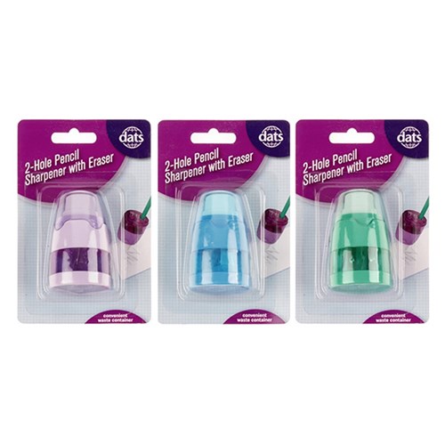 Sharpener Pencil 2 Hole w Eraser Asstd Cols