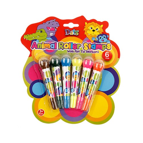 Stamp Roller Kids Animal w Felt Tip Colour Markers 6pk