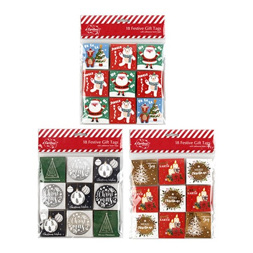 Gift Tags Xmas Self Ad w Tip On Foil Glitter 18pk 3 Asstd