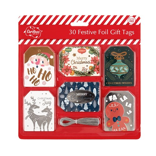 Gift Tags Xmas w Foil Strings 30pk