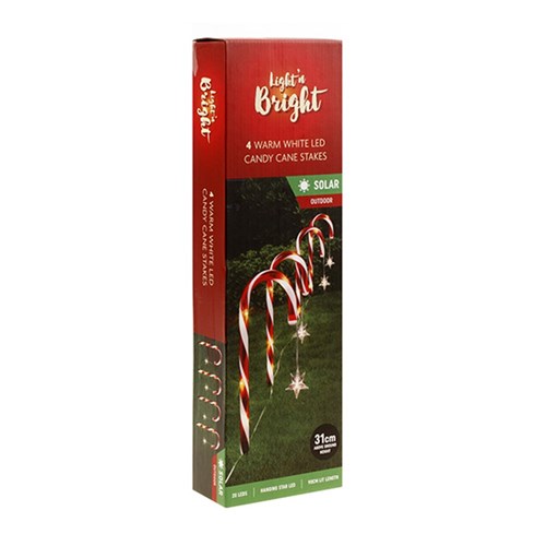 Candy Cane Stake Lights Solar w Small Star 20L W.W H31cm Pk4