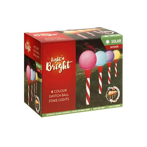 Stake Lights Solar Ball RGB / W.White Col Switch H23cm Pk4