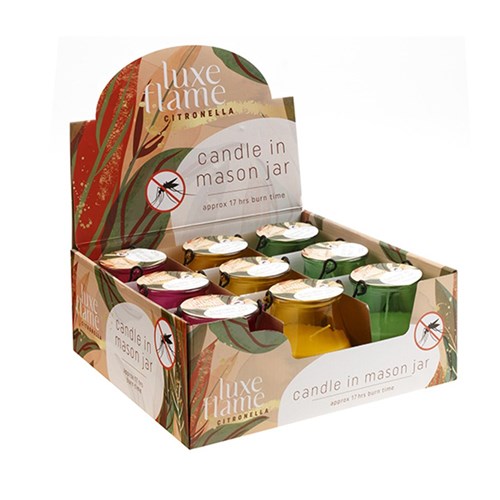 Candle Citronella in Mason Jar 3 Asst Cols 17hr