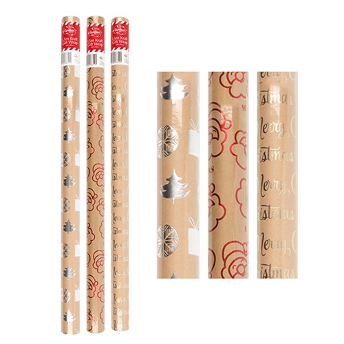Wrap Paper Kraft Xmas w Foil 1.5Mx70cm 80gsm 38mm Core
