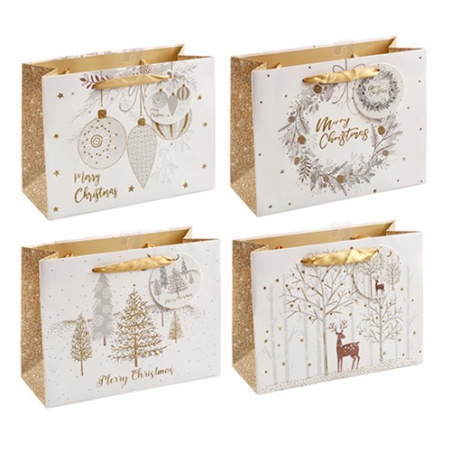 Gift Bag Xmas 210gsm Modern Med Glitter Horizontal 4 Ast