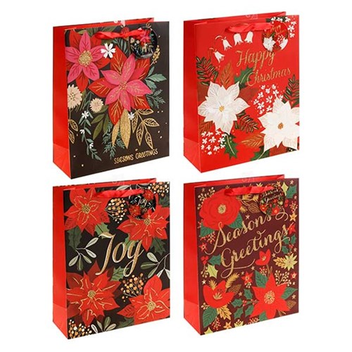 Gift Bag Xmas 210gsm Botanical Glitter XLarge Jhook 4 Asstd