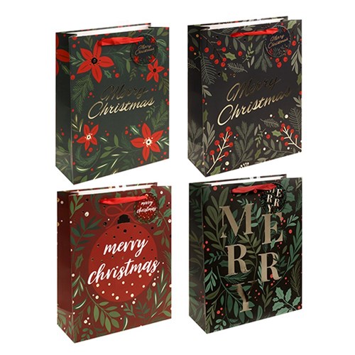 Gift Bag Xmas 210gsm Botanical Des Medium Jhook 4Astd
