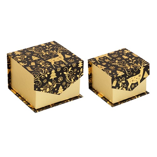 Gift Box Xmas Set 2 Square w Flip Lid w Foil