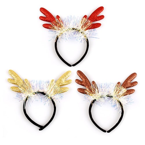 Headband Novelty Xmas Glitter Antler with Tinsel 3 Assorted
