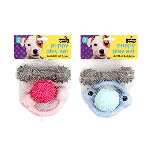 Dog Toy Puppy Set 3pk Dumbbell Ball & Ring 2 Asstd