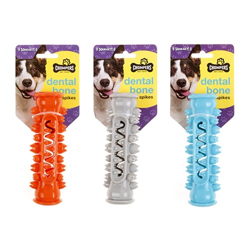 Dog Toy Dental Bone w Spike 15cm 3 Asst Cols