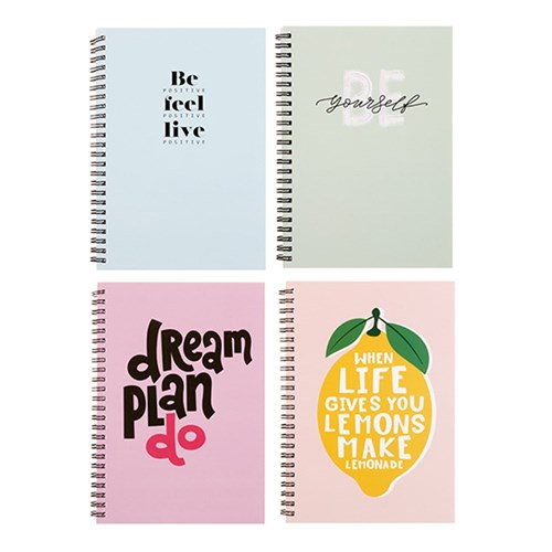 Notebook Card Cover Printed Spiral Quote 4Ast A5 120pg
