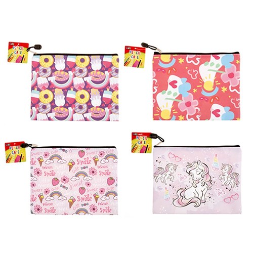 Pencil Case 1 Zip PVC 255x195mm 4 Asstd Girls Des